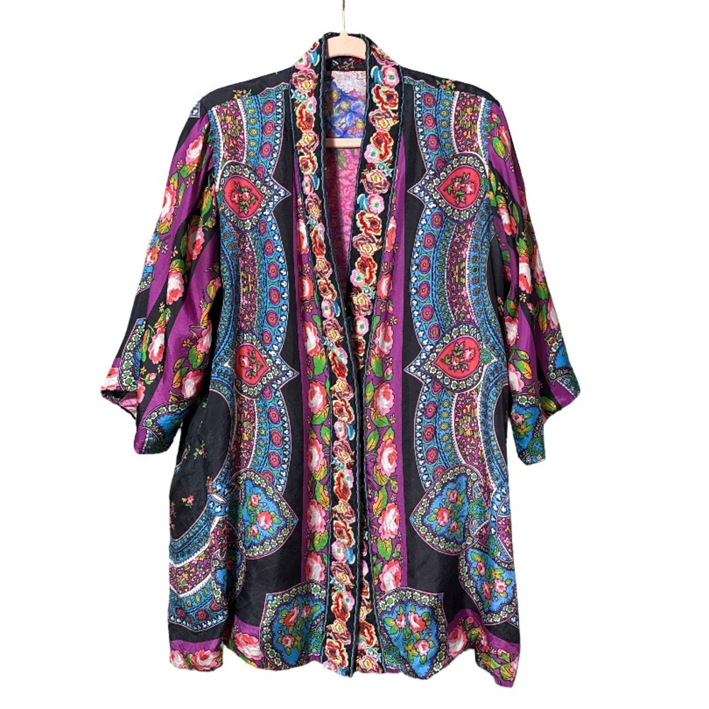 Johnny Was Purple & Black Floral Paisley Kimono Cardigan